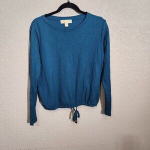 Michael Kors Teal Blue Long Sleeve Knit Top Drawstring Hem Small